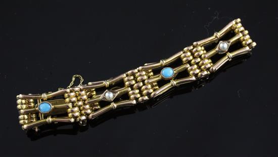 An Edwardian 9ct gold, split pearl and turquoise set gatelink bracelet, 7.5in.
